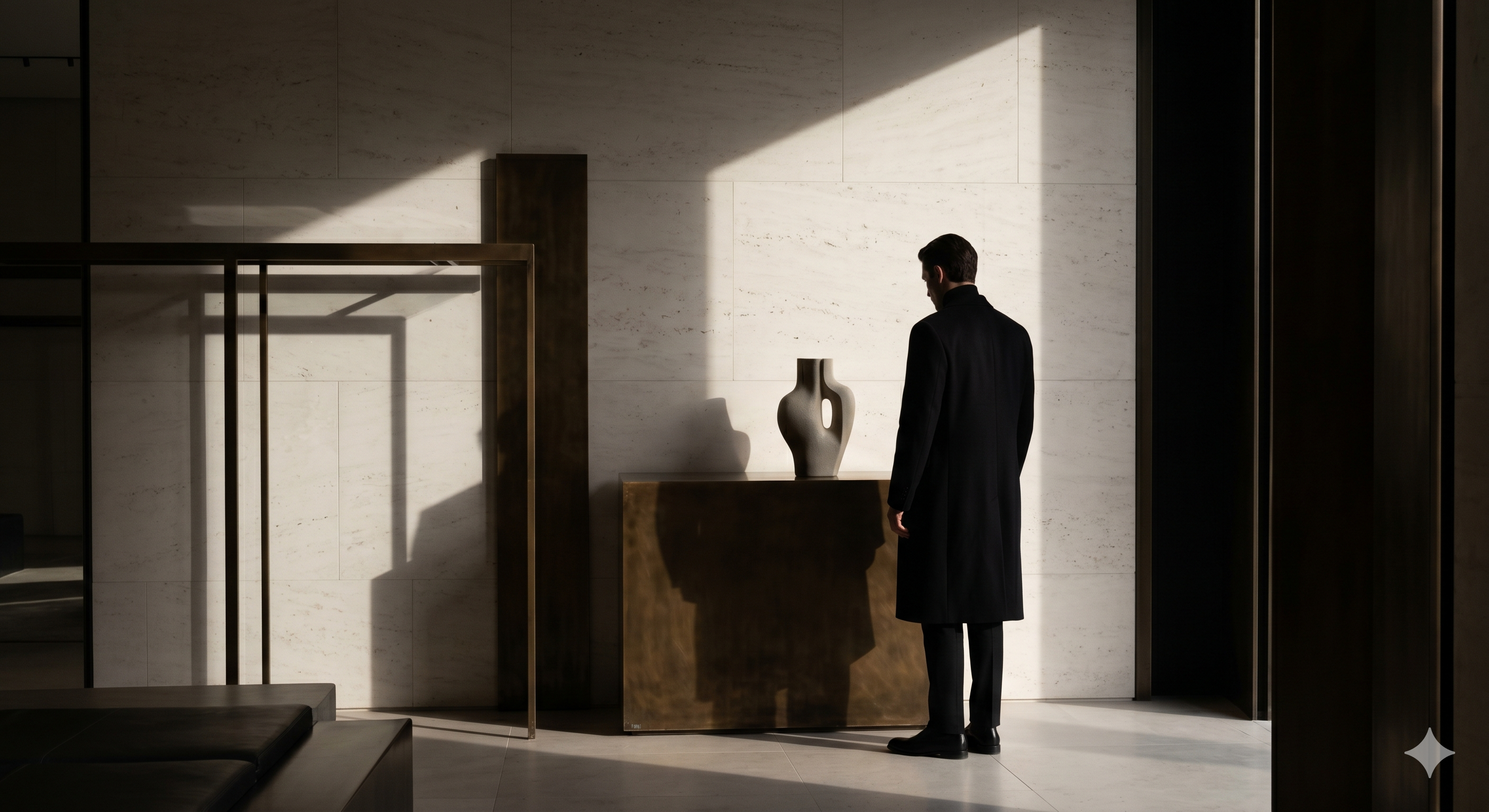 Architectural interior with figure contemplating sculptural vase