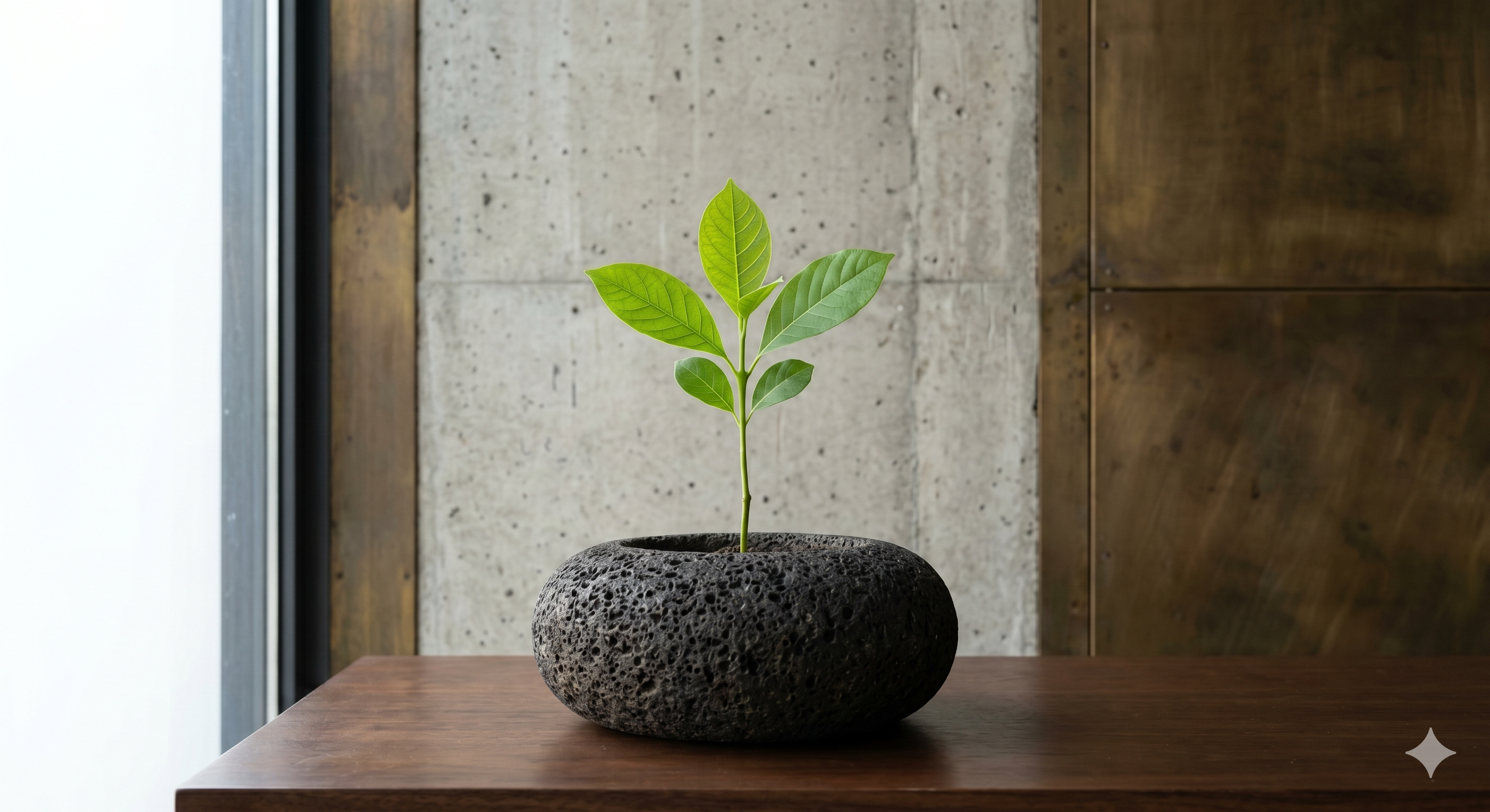 Green sapling emerging from volcanic stone vessel